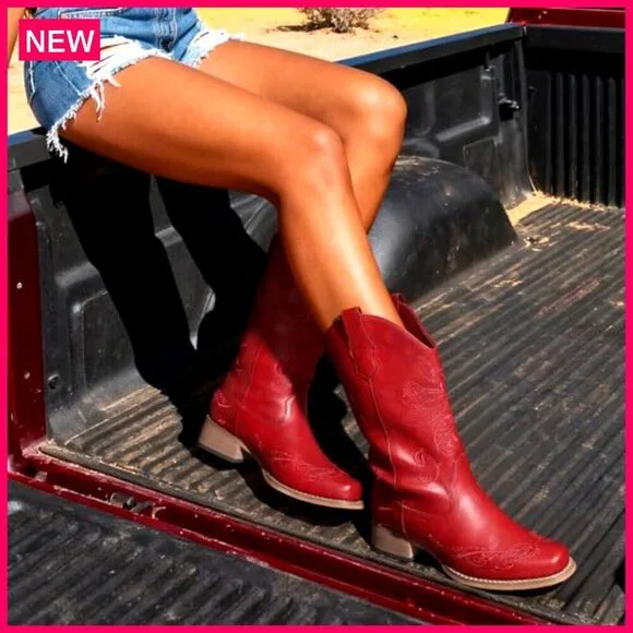 Women's Square Toe Cowboy Boots Mid Calf Chunky Heel Embroidered Western - Picture 4 of 8